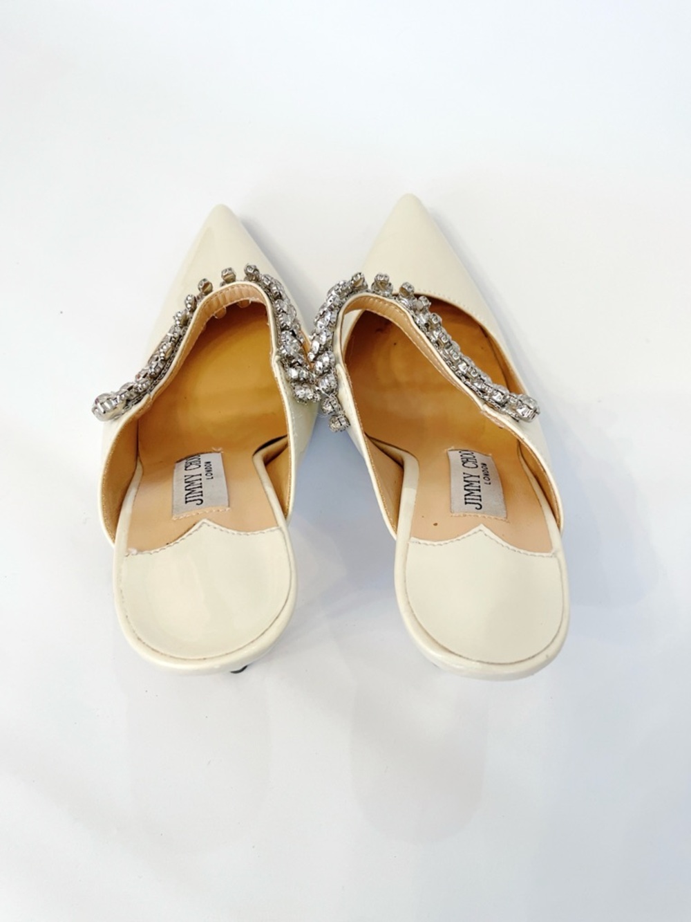 Jimmy Choo Bing 100MM Embellished Patent Leather Mules Ivory Crystal womens 7 38 - Picture 5 of 10